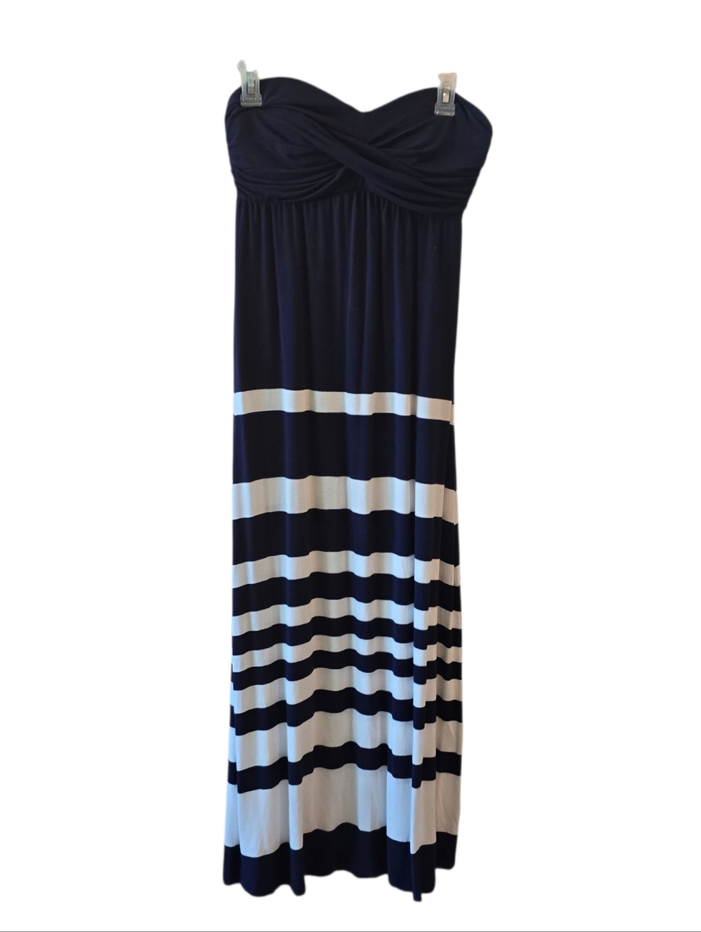 💙 SOMA Strapless Maxi Dress Navy White Striped Medium Built In Cups